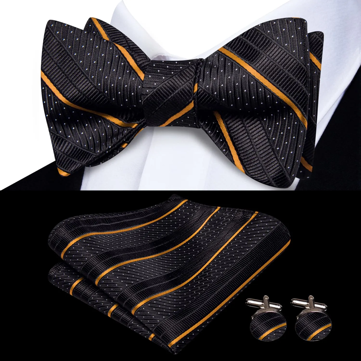 Hi-Tie Bow Tie Black White Dots Gold Stripes Tie Hanky Cufflinks Set