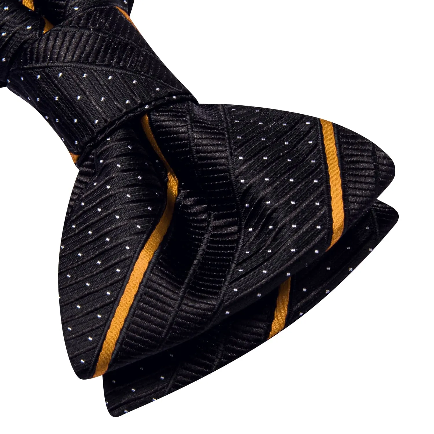 Hi-Tie Bow Tie Black White Dots Gold Stripes Tie Hanky Cufflinks Set