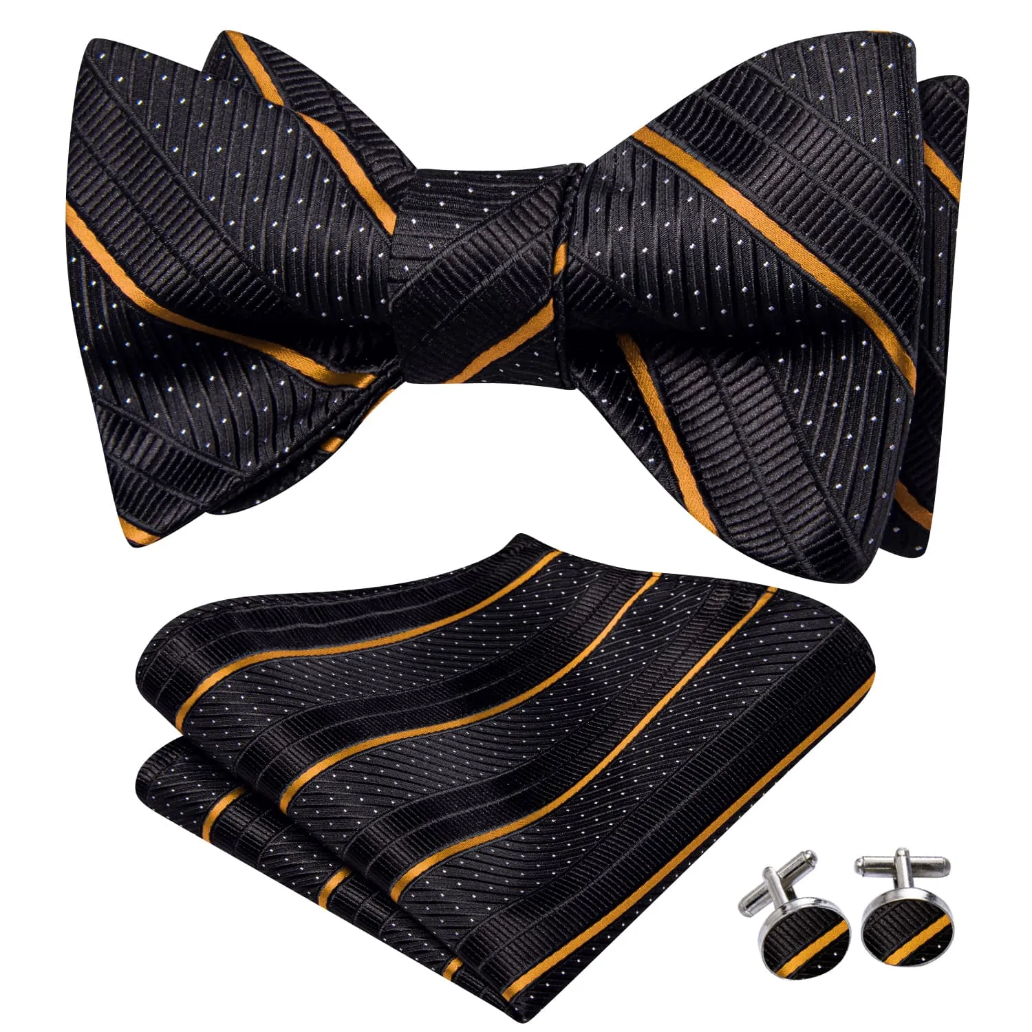 Hi-Tie Bow Tie Black White Dots Gold Stripes Tie Hanky Cufflinks Set