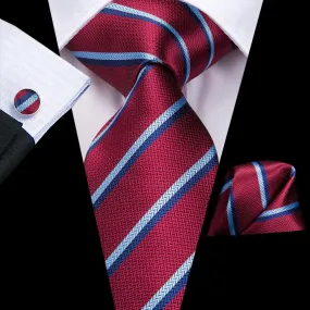 Hi-Tie Burgundy Red Necktie Blue White Stripes Tie Hanky Cufflinks Set