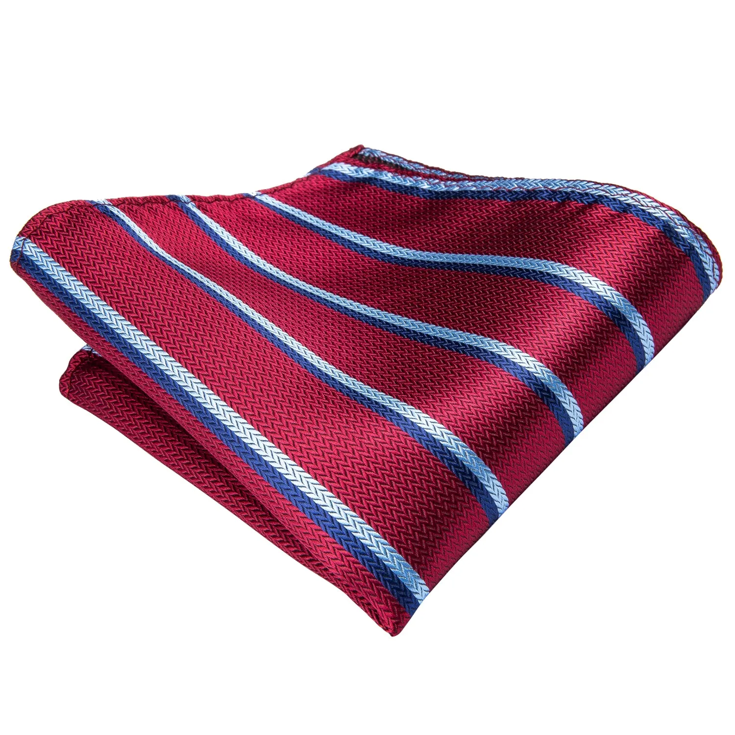 Hi-Tie Burgundy Red Necktie Blue White Stripes Tie Hanky Cufflinks Set