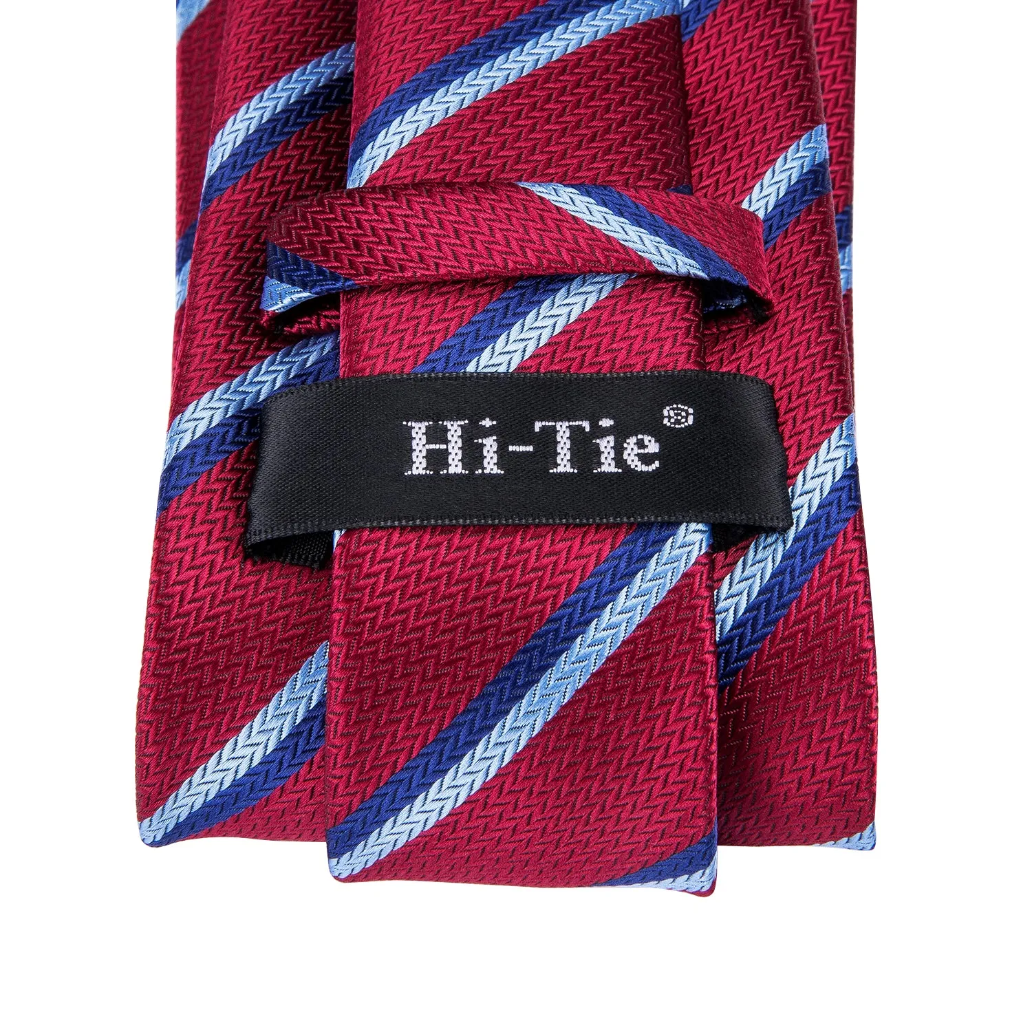 Hi-Tie Burgundy Red Necktie Blue White Stripes Tie Hanky Cufflinks Set