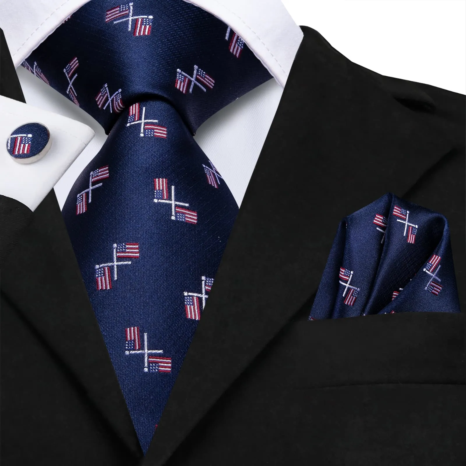 Hi-Tie Dark Blue Tie American Flag Pattern Men's Festival Necktie Set