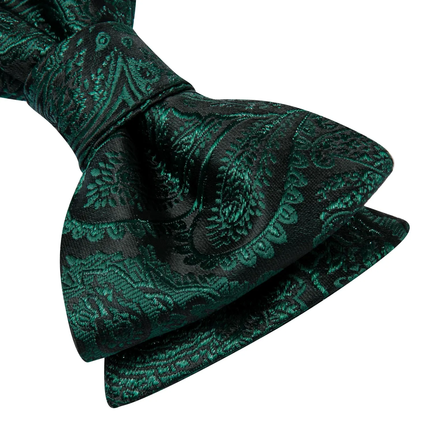 Hi-Tie Dark Green Tie Paisley Jacquard Mens Bowtie Hanky Cufflink Set