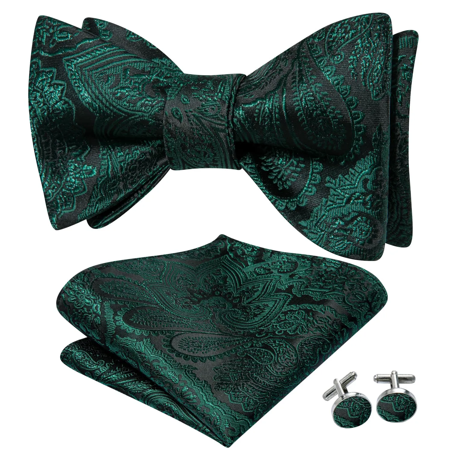 Hi-Tie Dark Green Tie Paisley Jacquard Mens Bowtie Hanky Cufflink Set