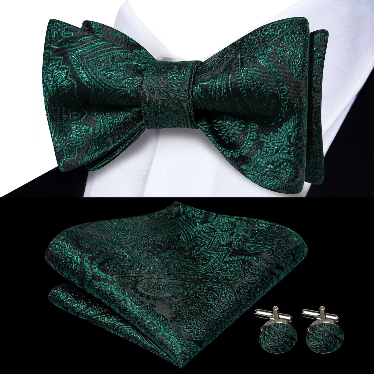 Hi-Tie Dark Green Tie Paisley Jacquard Mens Bowtie Hanky Cufflink Set