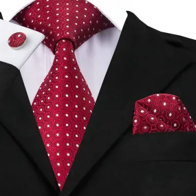 Hi-Tie Dark Red Necktie White Plaid Men's Polka Dots Wedding Tie Set