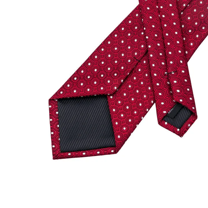 Hi-Tie Dark Red Necktie White Plaid Men's Polka Dots Wedding Tie Set