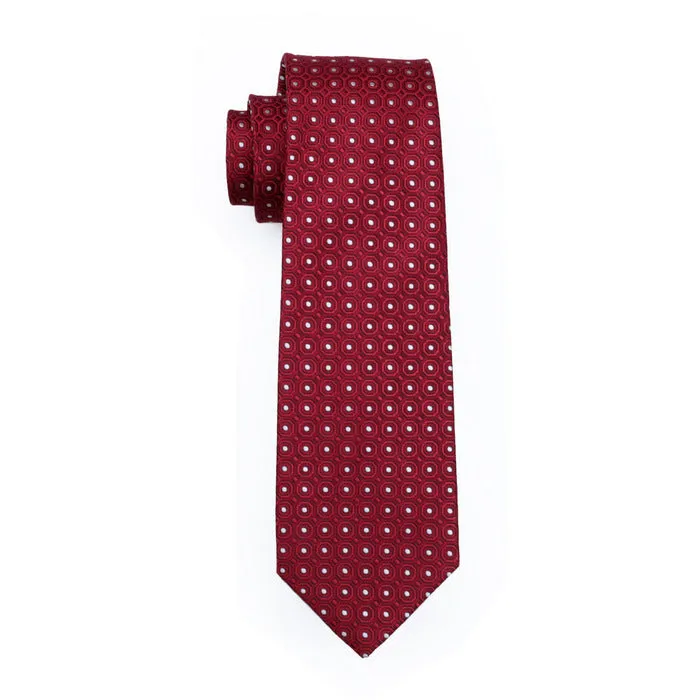 Hi-Tie Dark Red Necktie White Plaid Men's Polka Dots Wedding Tie Set