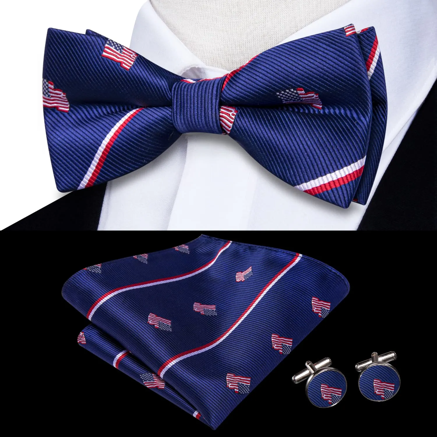 Hi-Tie Deep Blue Bowtie American Flag Pattern Tie Hanky Cufflinks Set