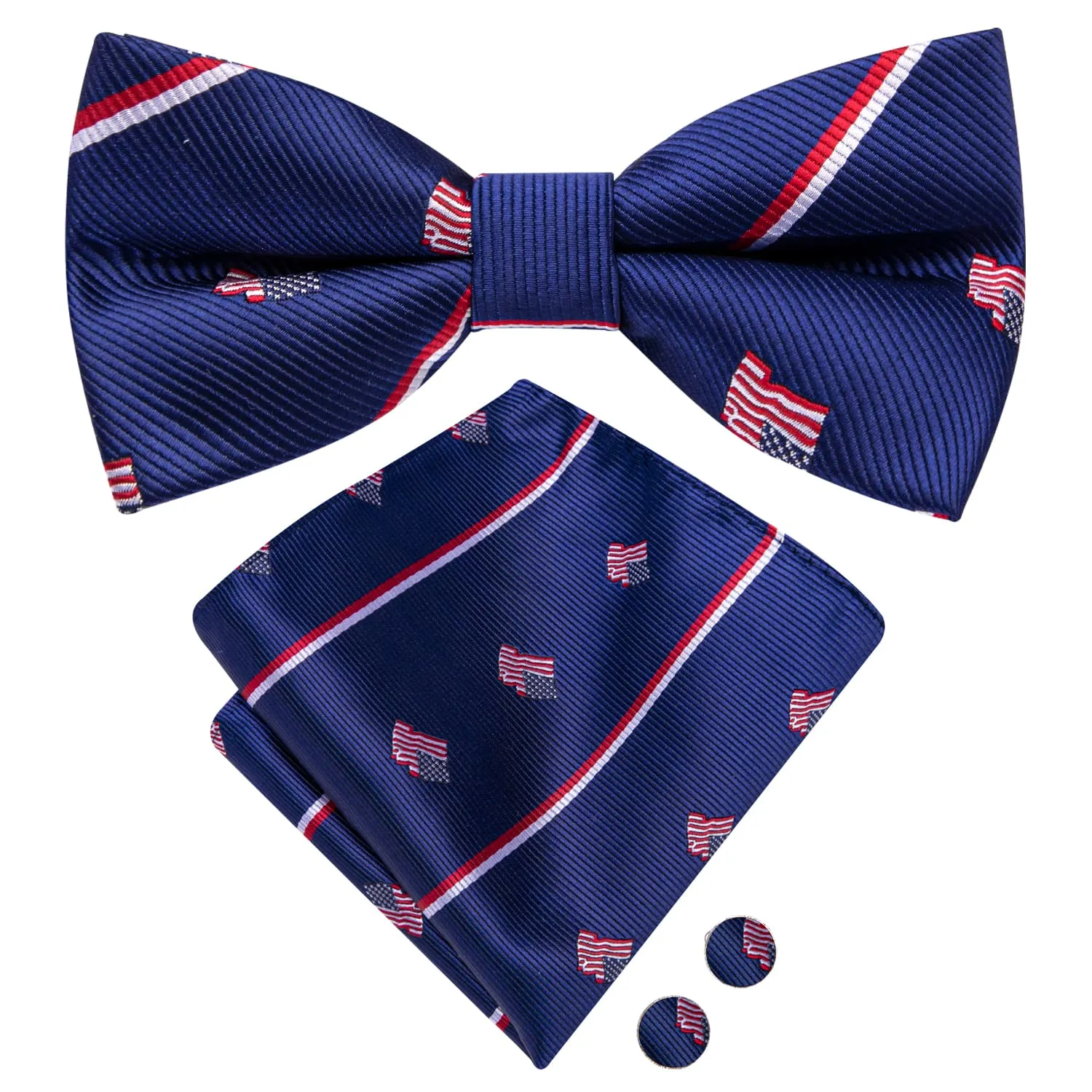 Hi-Tie Deep Blue Bowtie American Flag Pattern Tie Hanky Cufflinks Set