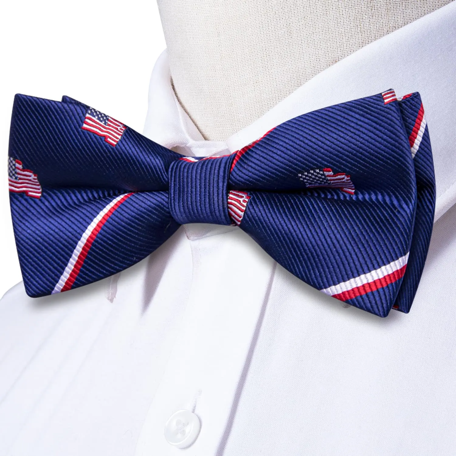 Hi-Tie Deep Blue Bowtie American Flag Pattern Tie Hanky Cufflinks Set