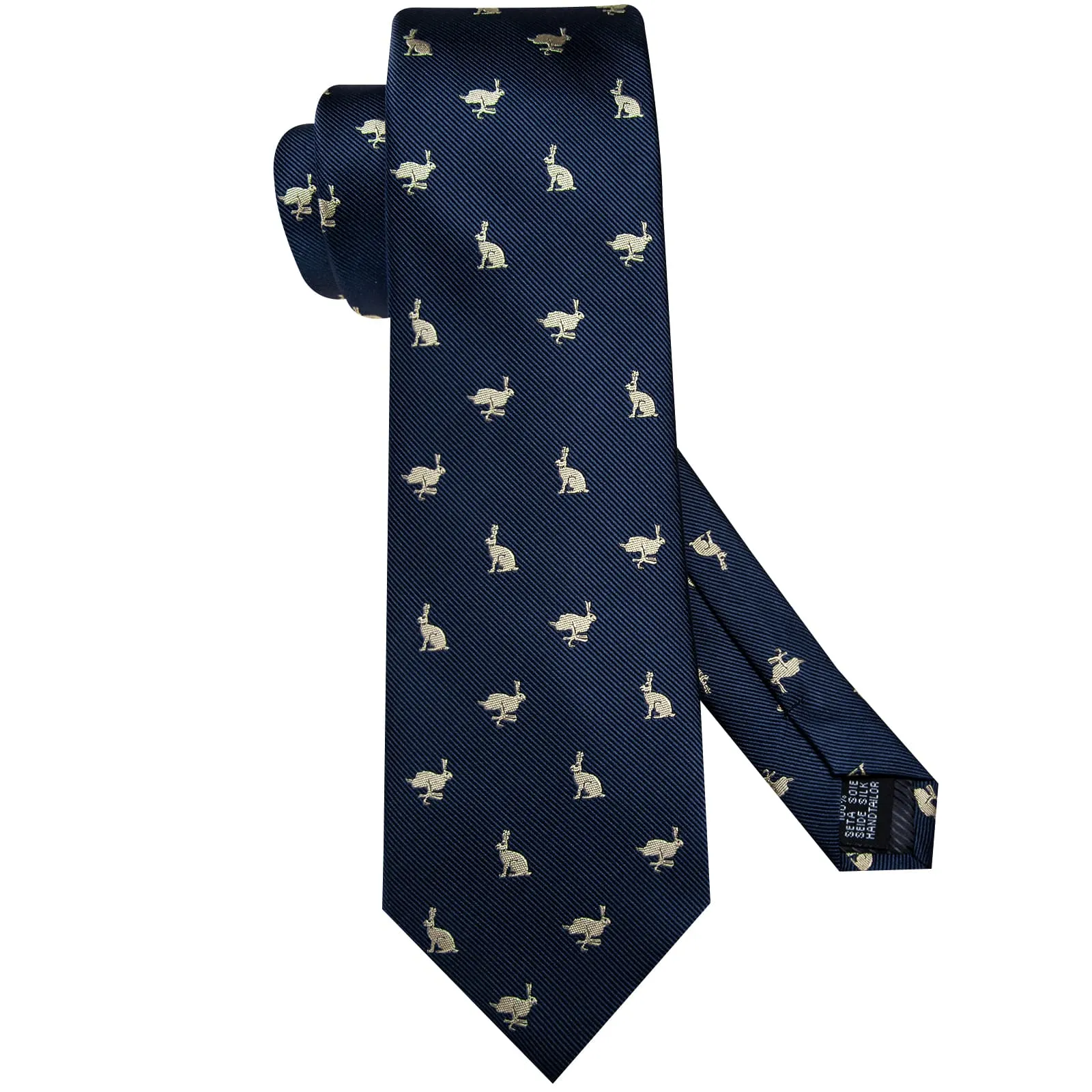 Hi-Tie Deep Blue Novelty Rabbits Pattern Silk Mens Tie Pocket Square Cufflinks Set