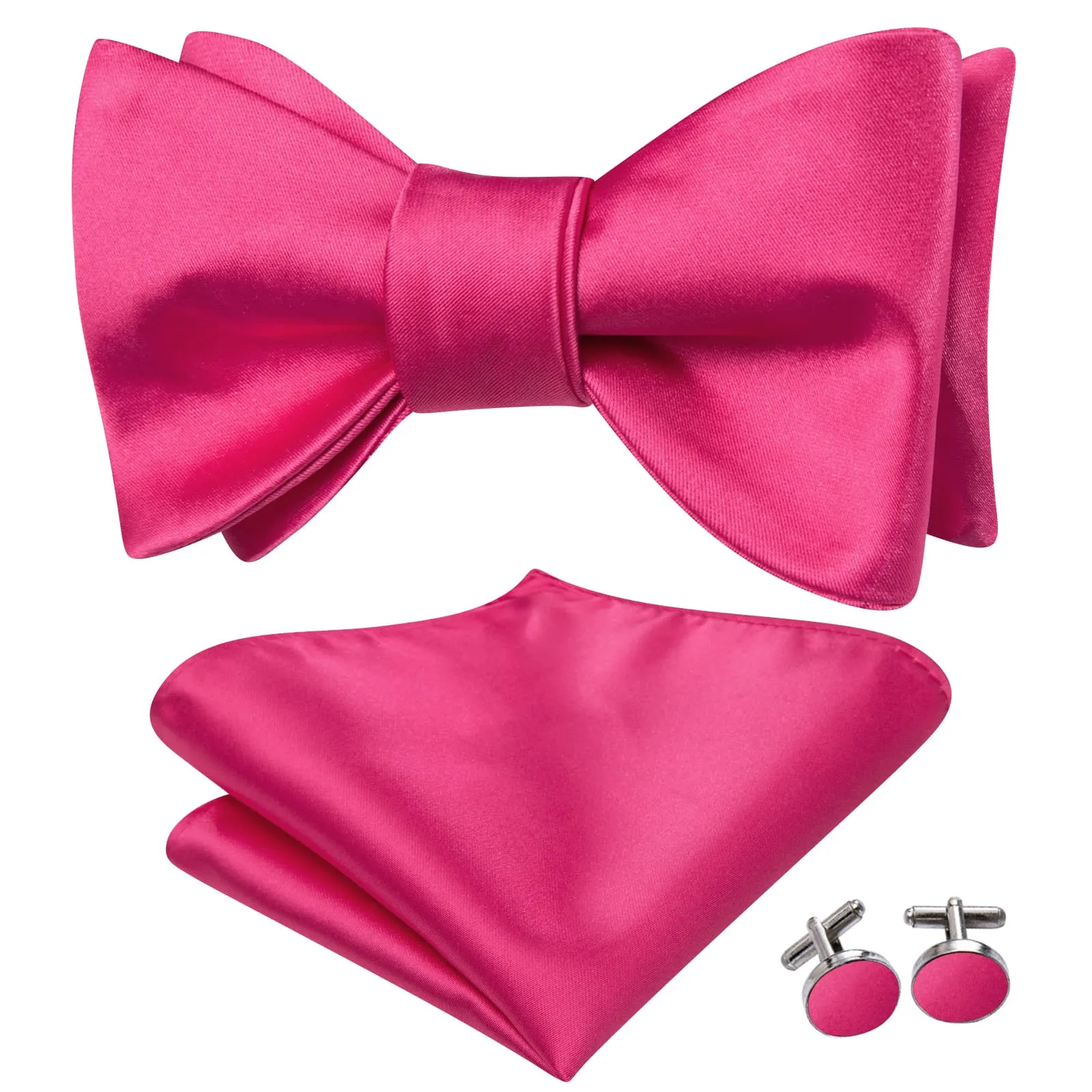 Hi-Tie Deep Pink Bowtie Solid Wedding Tie Hanky Cufflinks Set for Men