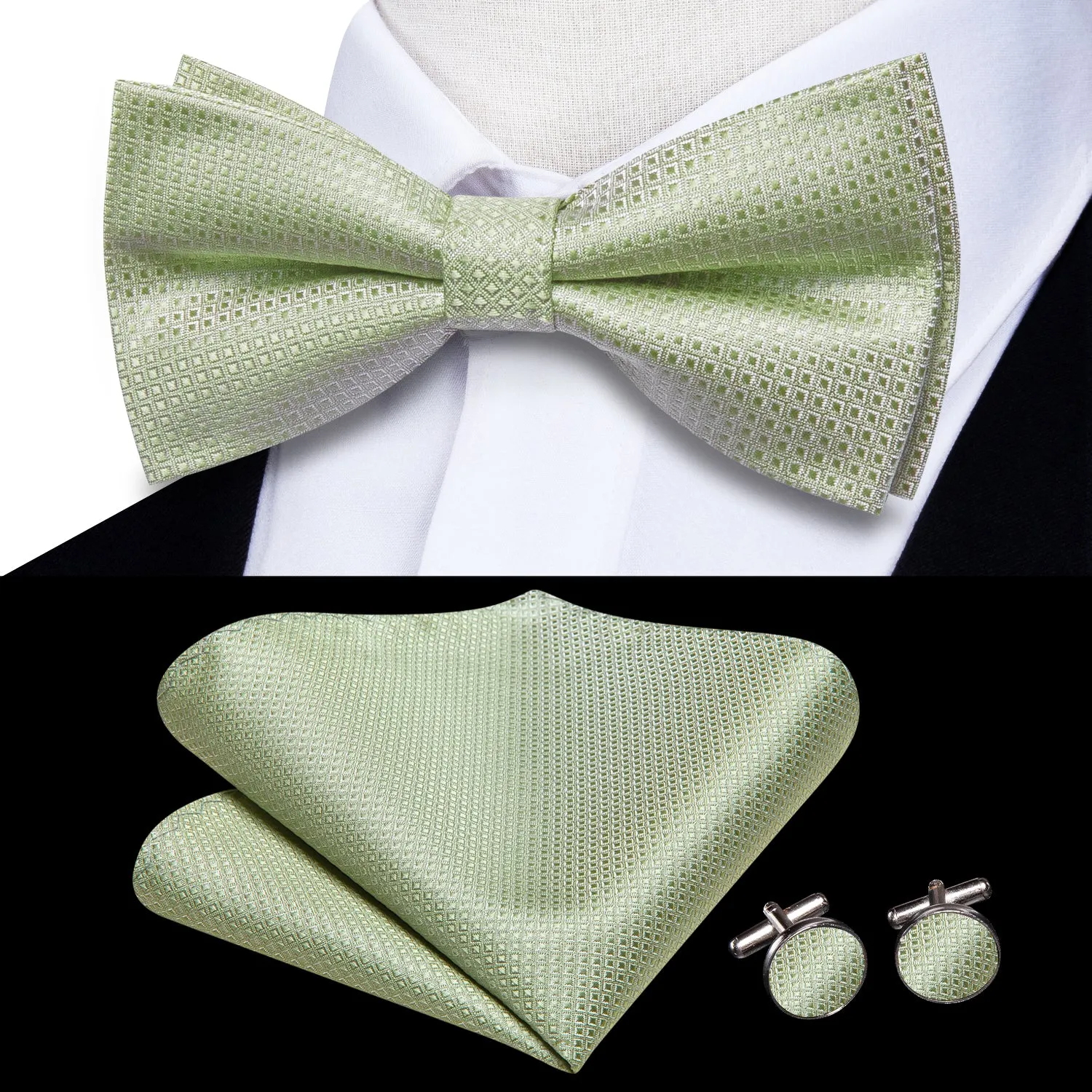 Hi-Tie Green Novelty Pre-tied Bow Tie Hanky Cufflinks Set