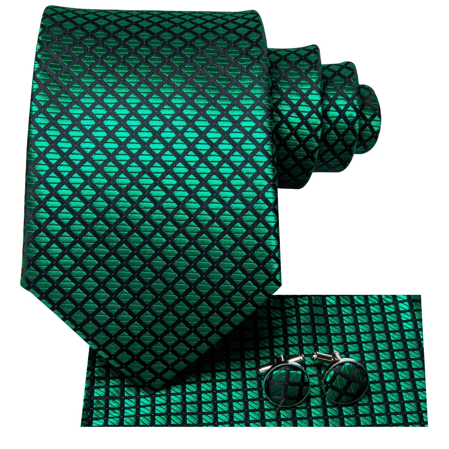 Hi-Tie Green Plaid 67 Inches Extra Long Tie Handkerchief Cufflinks Set