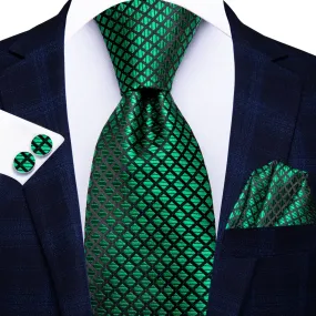 Hi-Tie Green Plaid 67 Inches Extra Long Tie Handkerchief Cufflinks Set