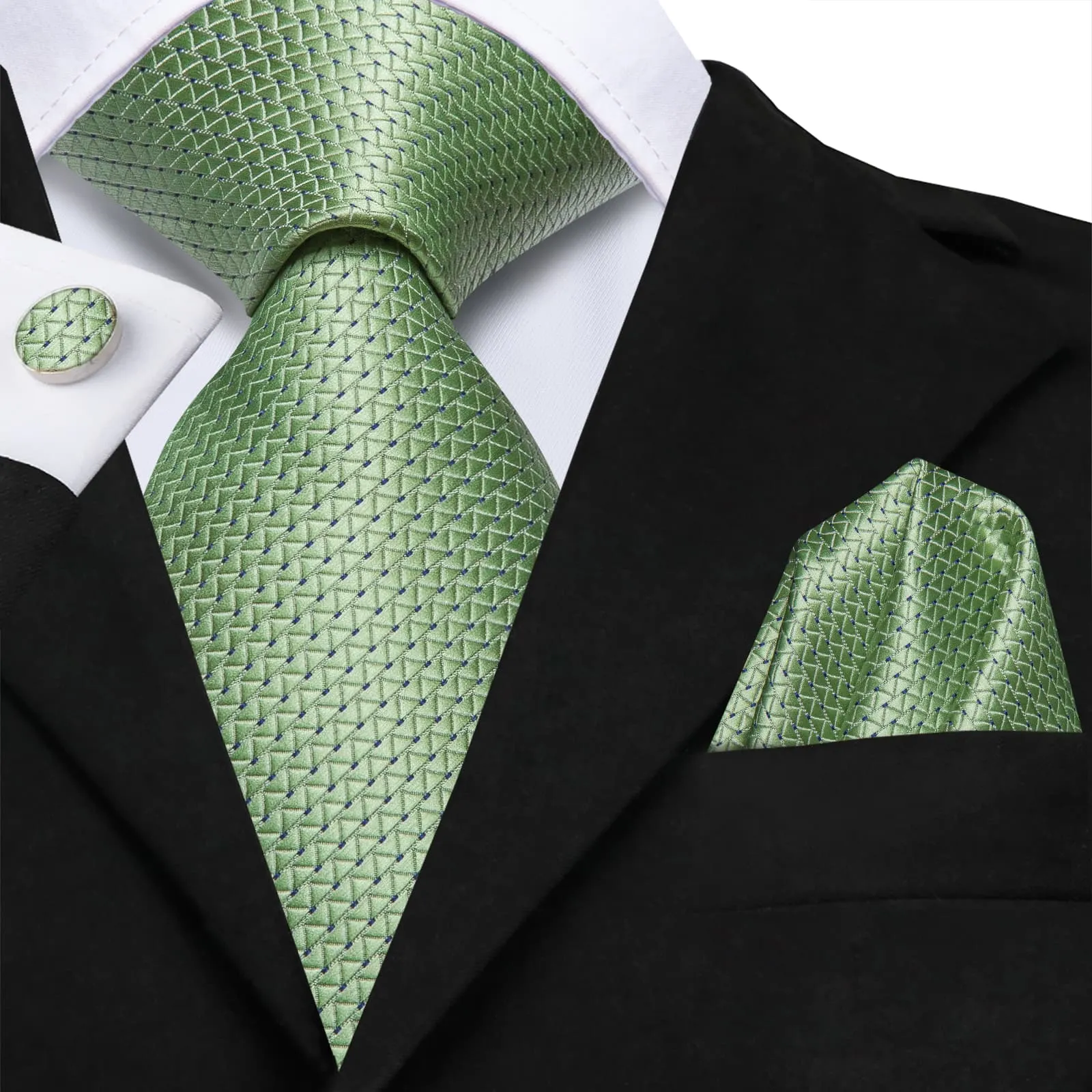 Hi-Tie Light Green Necktie Asparagus Geometric Tie Hanky Cufflinks Set