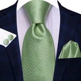 Hi-Tie Light Green Necktie Asparagus Geometric Tie Hanky Cufflinks Set