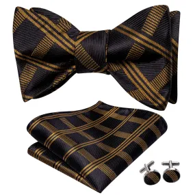 Hi-Tie Mens Bowtie Black Tortilla Brown Plaid Tie Hanky Cufflinks Set