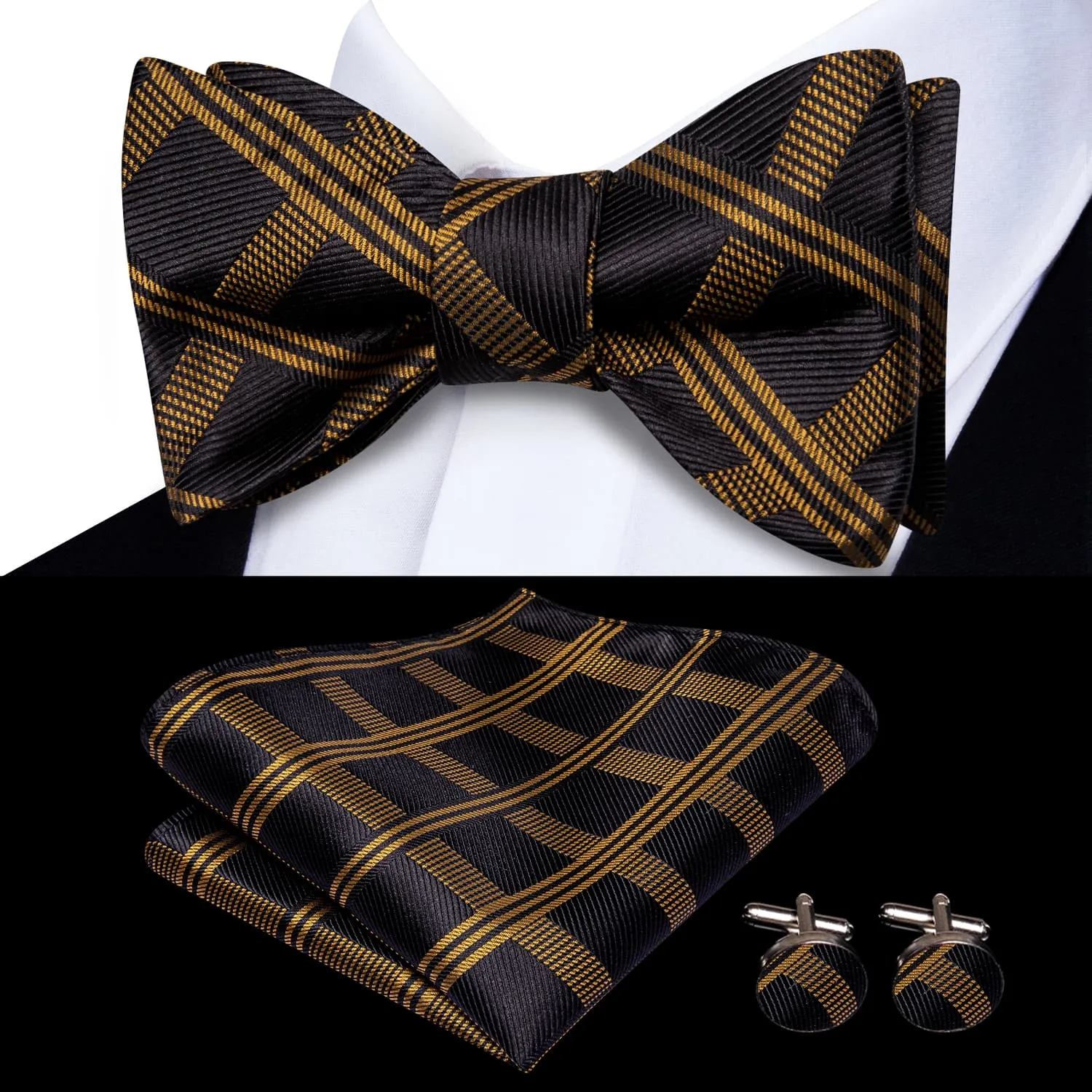 Hi-Tie Mens Bowtie Black Tortilla Brown Plaid Tie Hanky Cufflinks Set