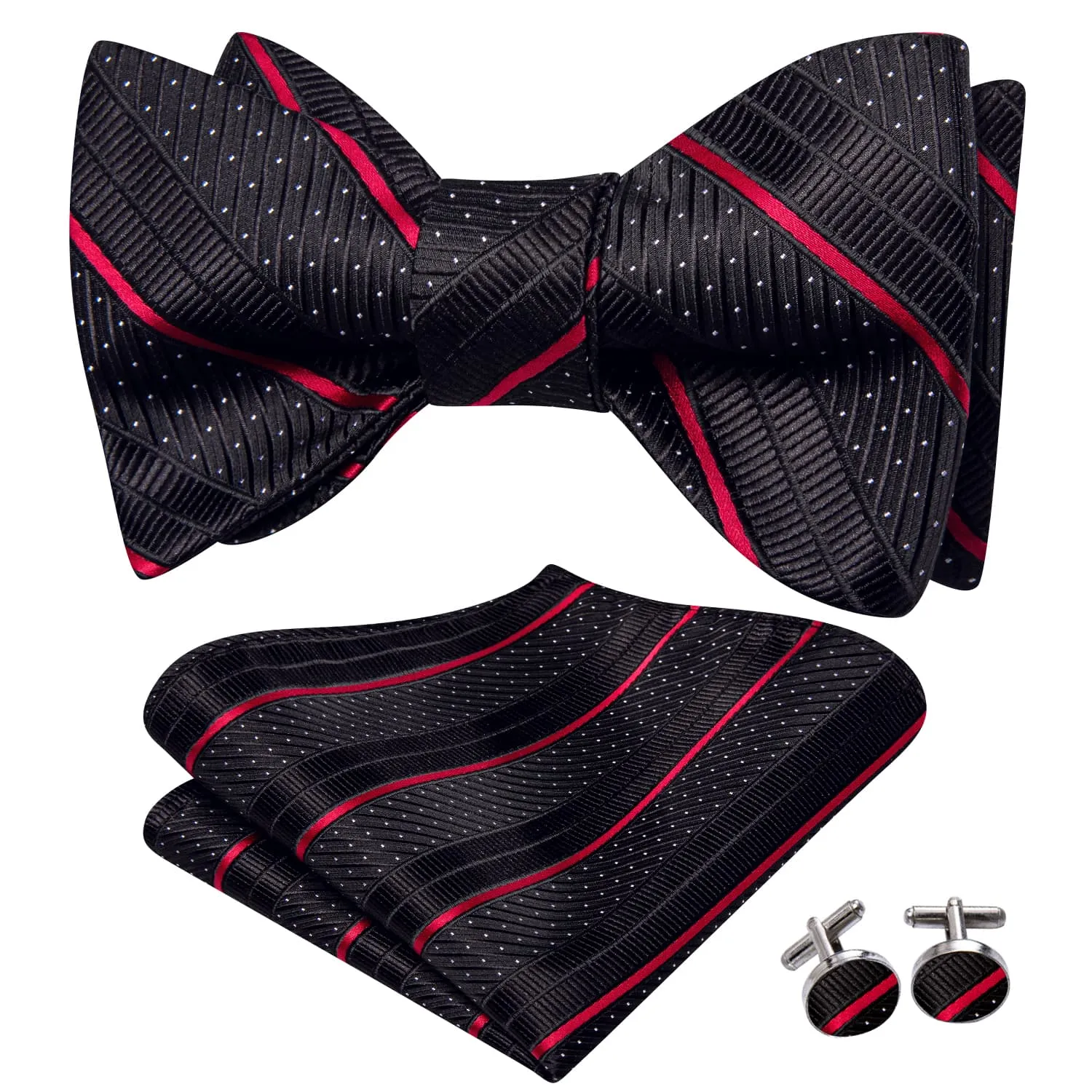 Hi-Tie Mens Bowtie Black White Dots Red Stripes Tie Hanky Cufflink Set