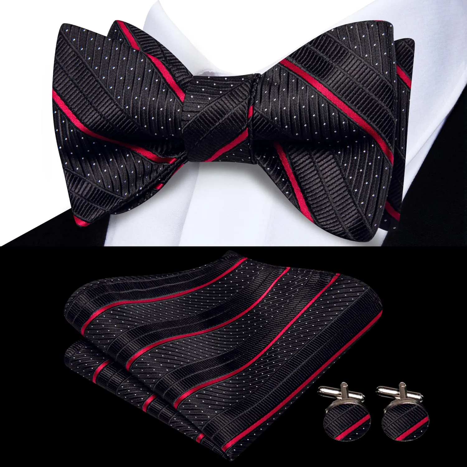 Hi-Tie Mens Bowtie Black White Dots Red Stripes Tie Hanky Cufflink Set