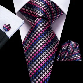 Hi-Tie Mens Pink Blue Striped Novelty Tie Pocket Square Cufflinks Set