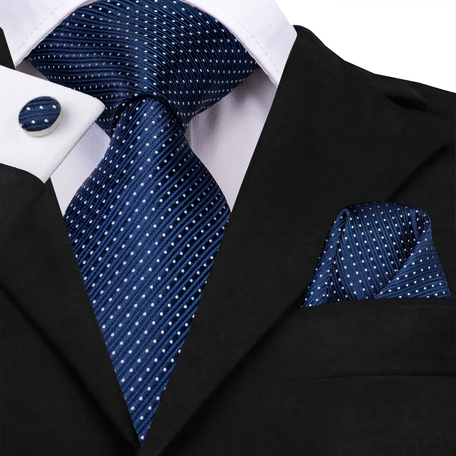 Hi-Tie Navy Blue Polka Dot Men's Necktie Pocket Square Cufflinks Set