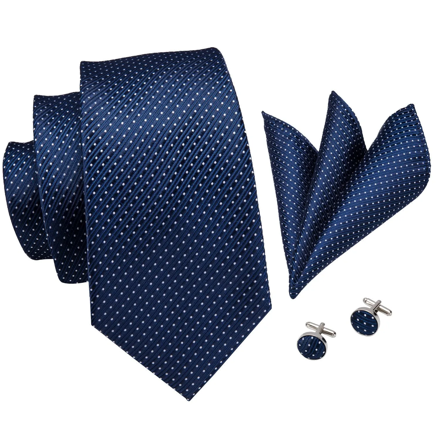 Hi-Tie Navy Blue Polka Dot Men's Necktie Pocket Square Cufflinks Set