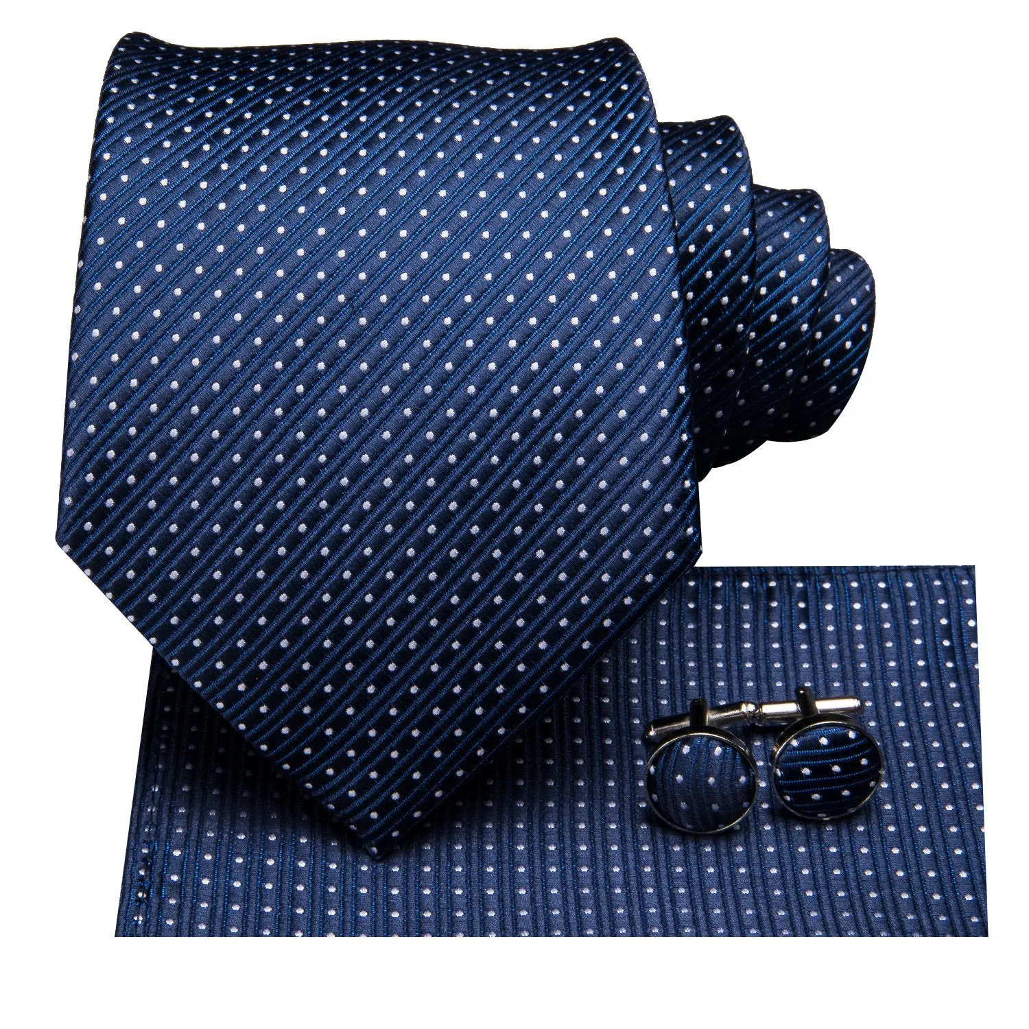 Hi-Tie Navy Blue Polka Dot Men's Necktie Pocket Square Cufflinks Set