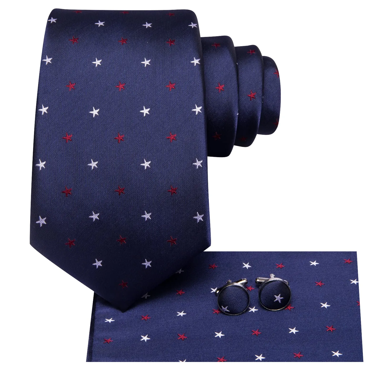 Hi-Tie Navy Blue Tie Jacquard Red White Stars Novelty Mens Necktie Set