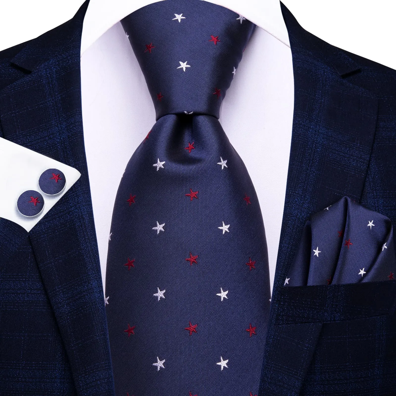 Hi-Tie Navy Blue Tie Jacquard Red White Stars Novelty Mens Necktie Set