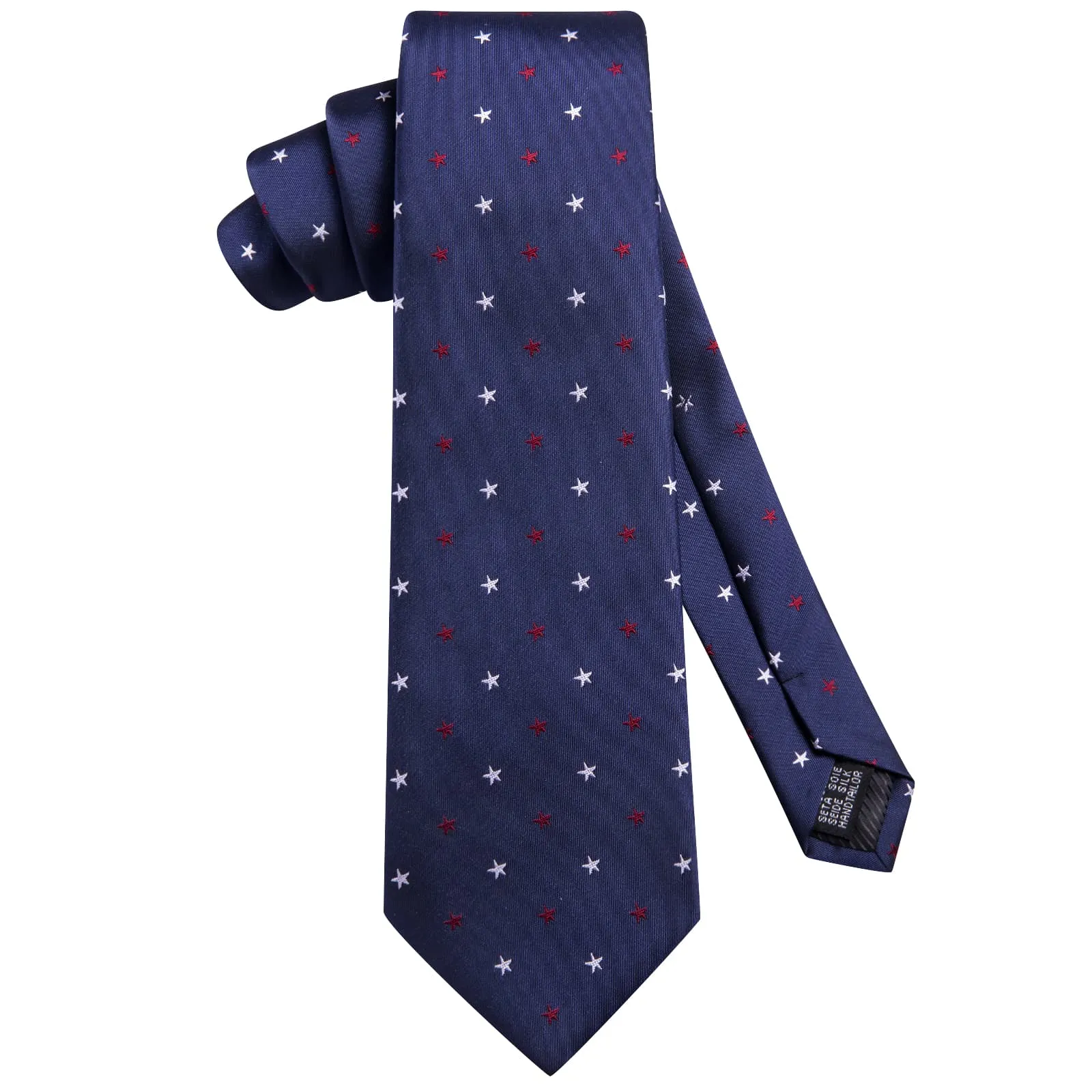 Hi-Tie Navy Blue Tie Jacquard Red White Stars Novelty Mens Necktie Set