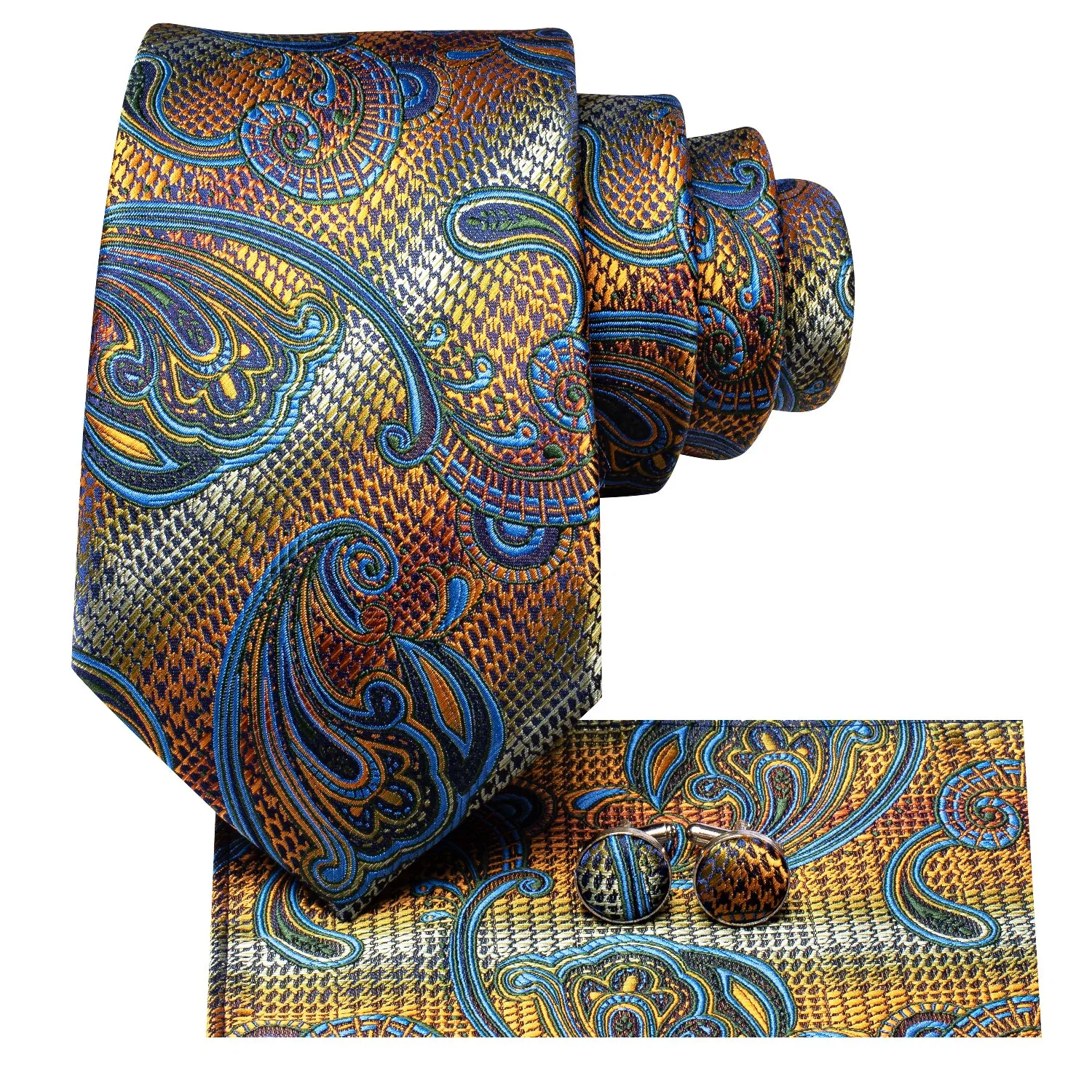 Hi-Tie Necktie Golden Blue Sawtooth Tie Pocket Square Cufflinks Set