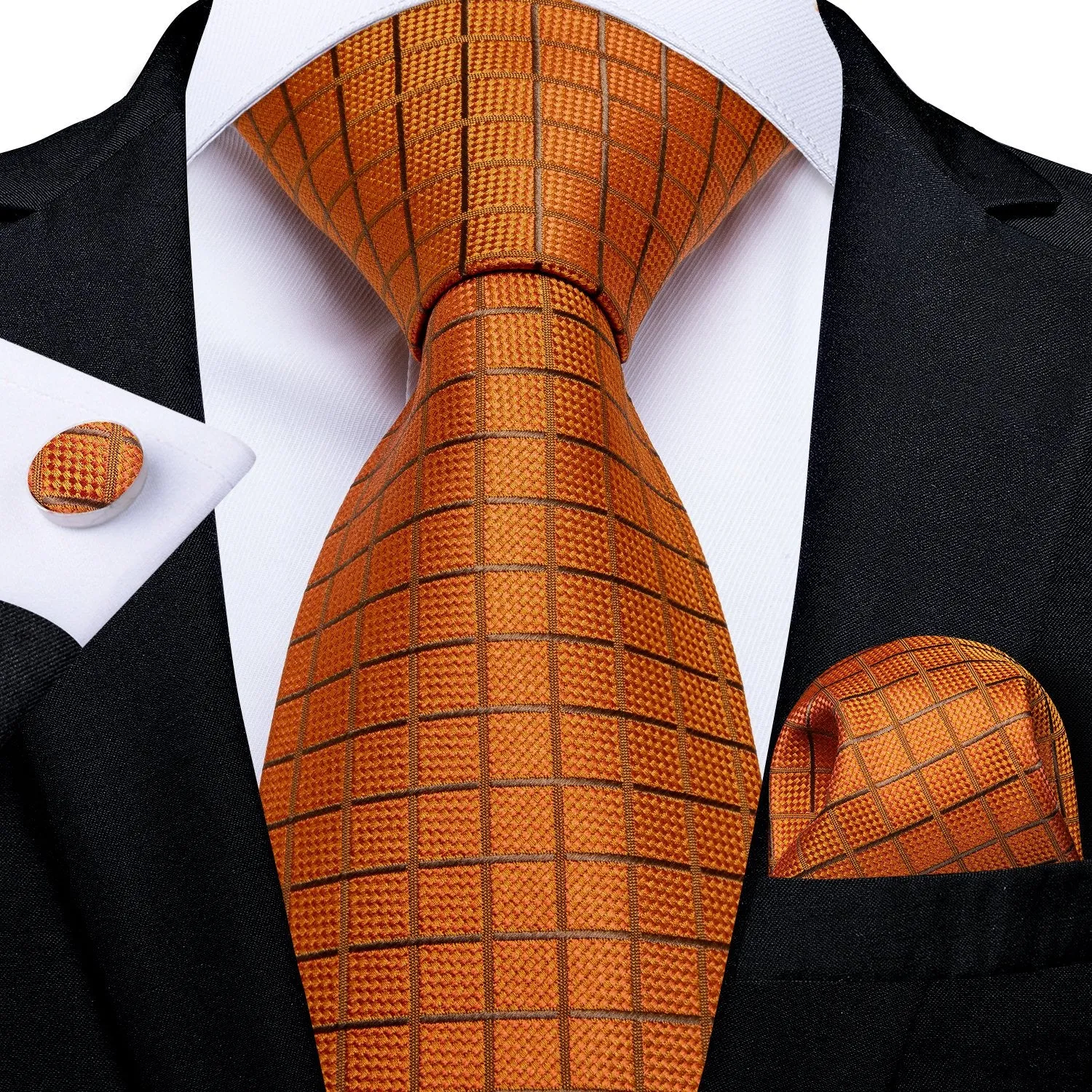 Hi-Tie Orange Tie Plaid Silk Men's Necktie Pocket Square Cufflinks Set