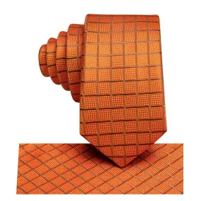 Hi-Tie Orange Tie Plaid Silk Men's Necktie Pocket Square Cufflinks Set