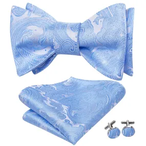 Hi-Tie Paisley Bowtie Self-Tied Sky Blue Men's Tie Hanky Cufflinks Set