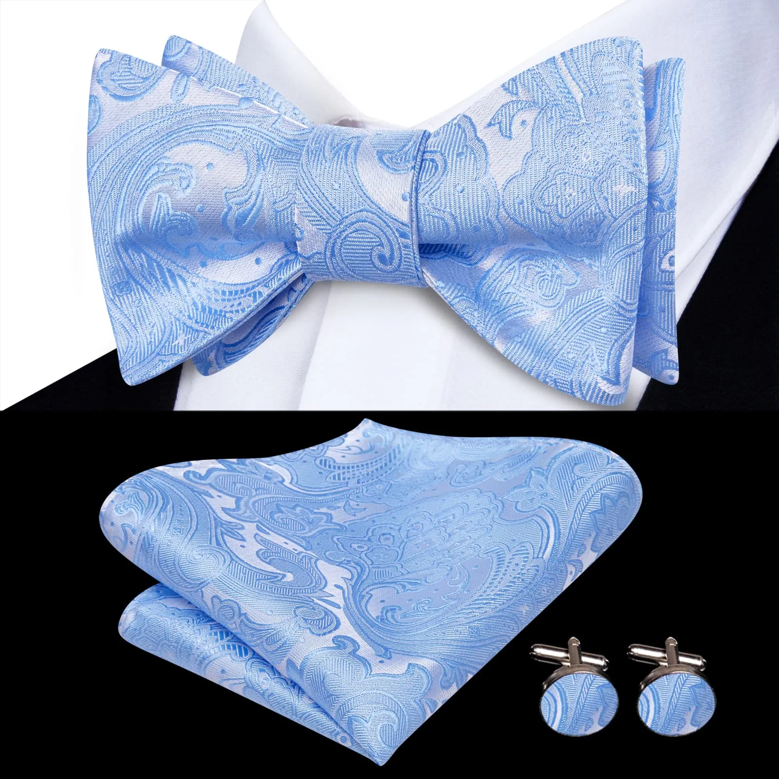 Hi-Tie Paisley Bowtie Self-Tied Sky Blue Men's Tie Hanky Cufflinks Set