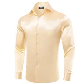 Hi-Tie Pale Yellow Solid Satin Silk Men Long Sleeve Dress Shirt