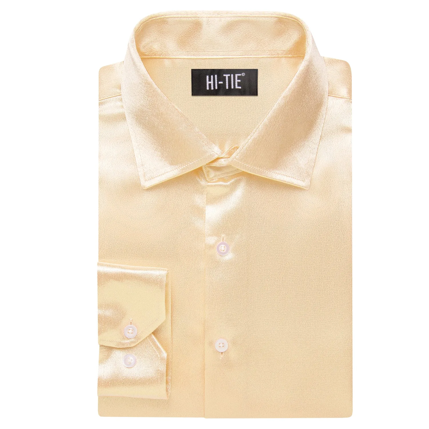 Hi-Tie Pale Yellow Solid Satin Silk Men Long Sleeve Dress Shirt