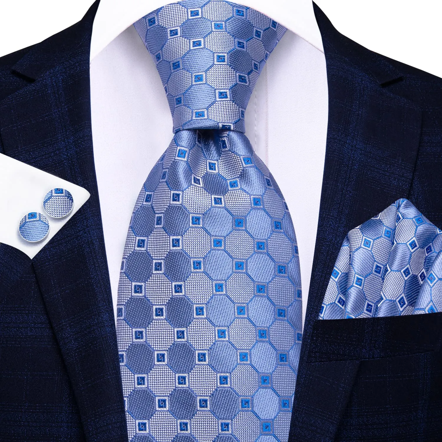 Hi-Tie Plaid Sky Blue Tie Jacquard Silk Necktie Set for Men