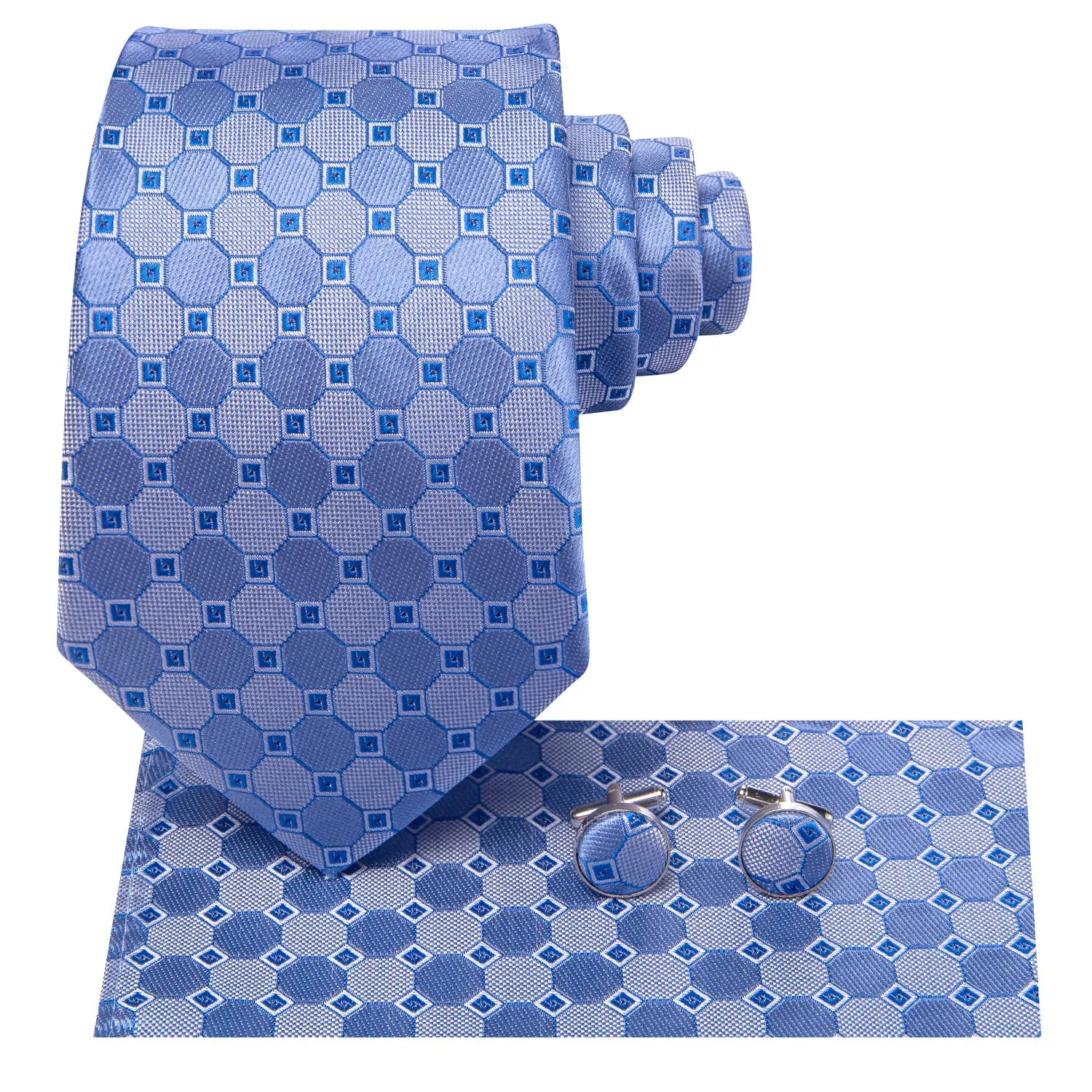 Hi-Tie Plaid Sky Blue Tie Jacquard Silk Necktie Set for Men