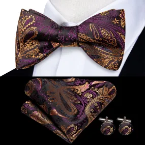 Hi-Tie Purple Tie Golden Paisley Self-tied Bow Tie Hanky Cufflinks Set