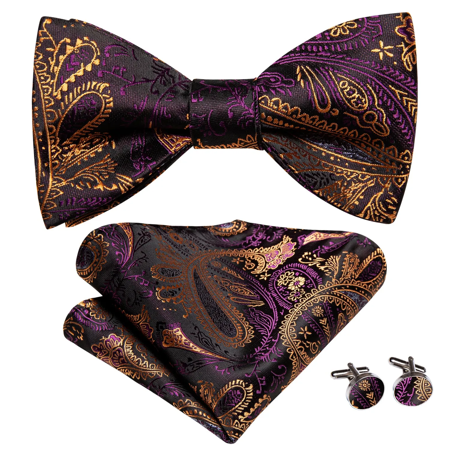 Hi-Tie Purple Tie Golden Paisley Self-tied Bow Tie Hanky Cufflinks Set