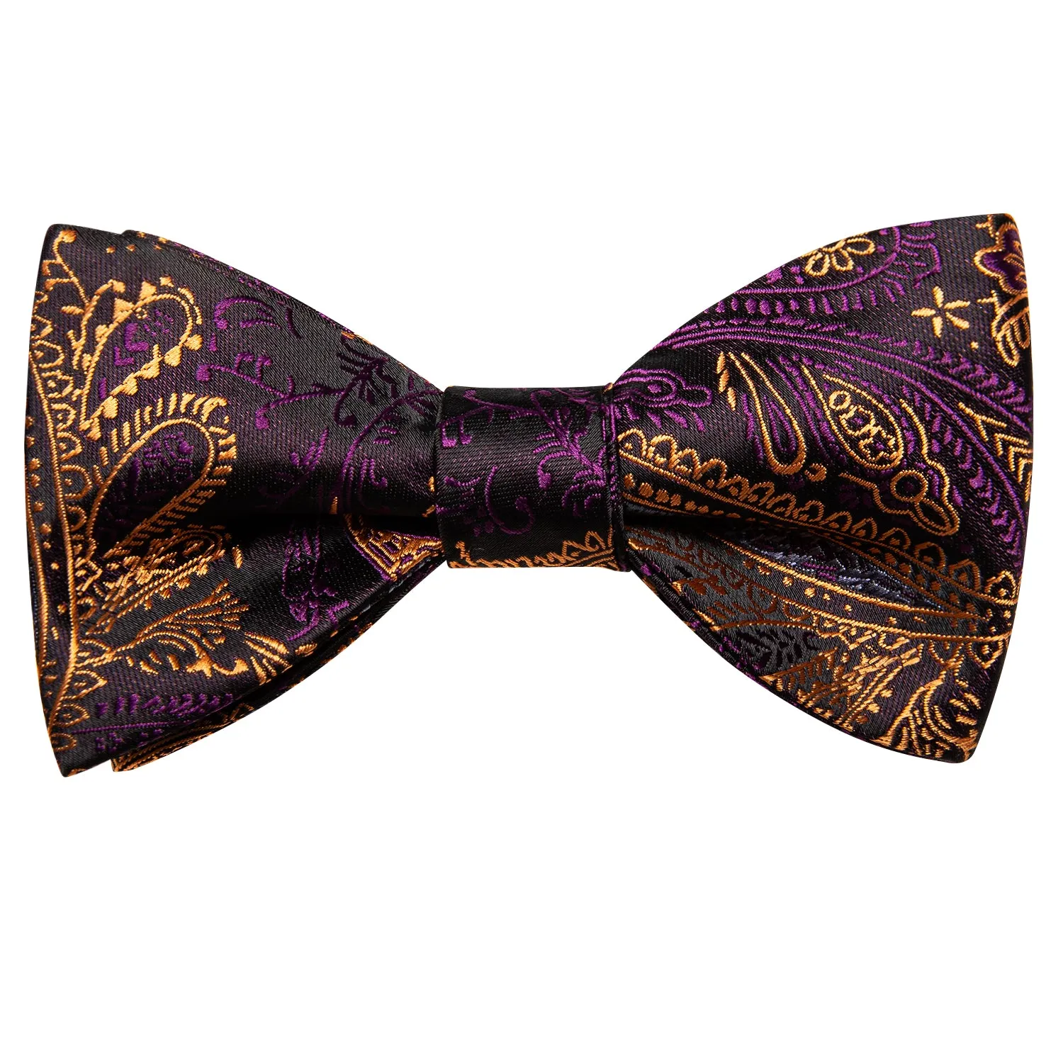 Hi-Tie Purple Tie Golden Paisley Self-tied Bow Tie Hanky Cufflinks Set