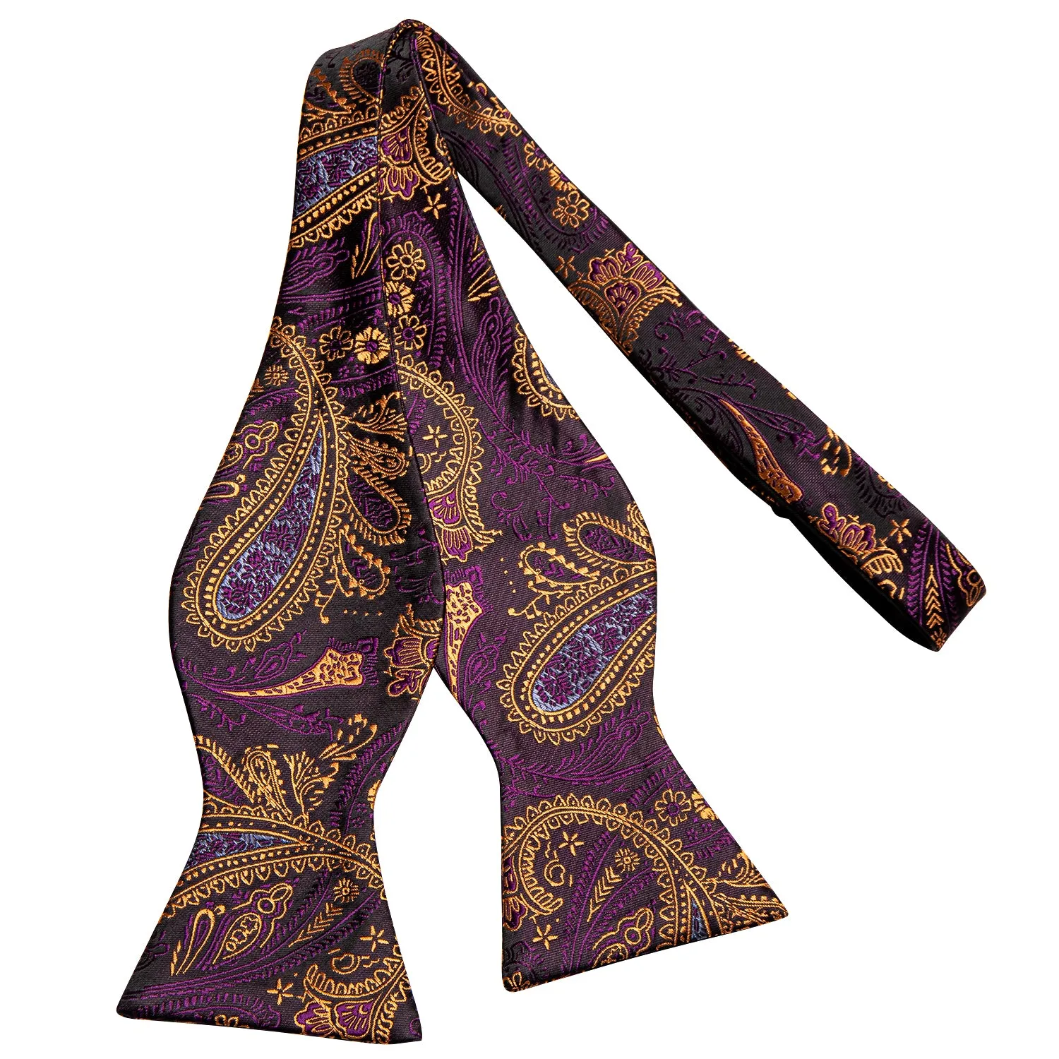 Hi-Tie Purple Tie Golden Paisley Self-tied Bow Tie Hanky Cufflinks Set