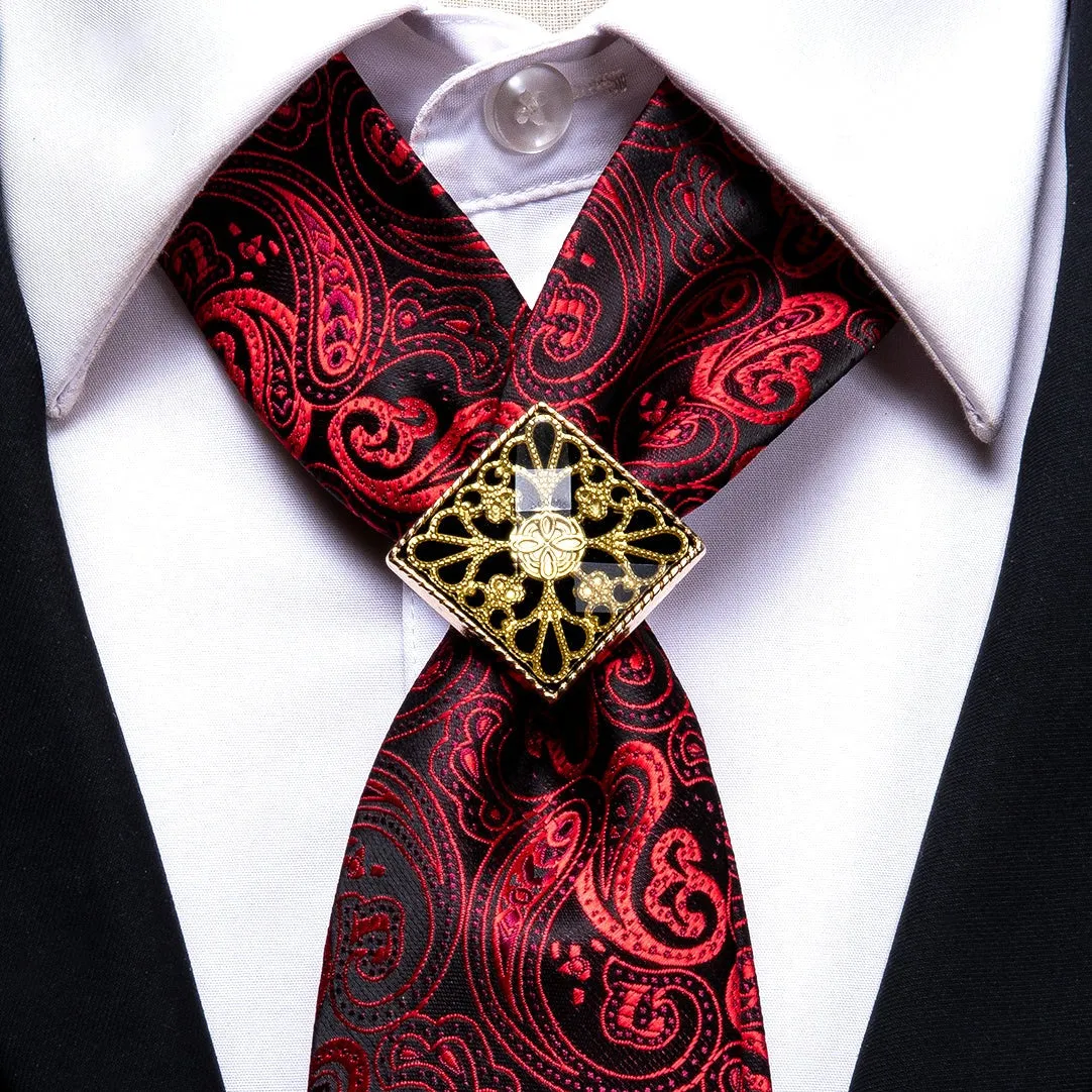 Hi-Tie Red Necktie Paisley Poirot Tie Ring Pocket Square Cufflinks Set