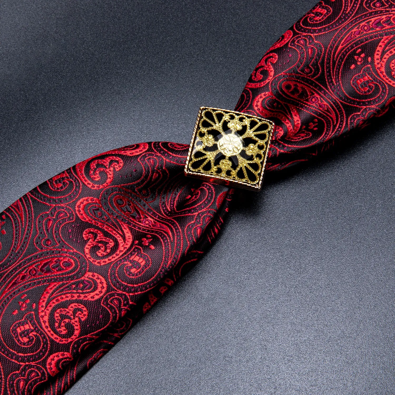 Hi-Tie Red Necktie Paisley Poirot Tie Ring Pocket Square Cufflinks Set