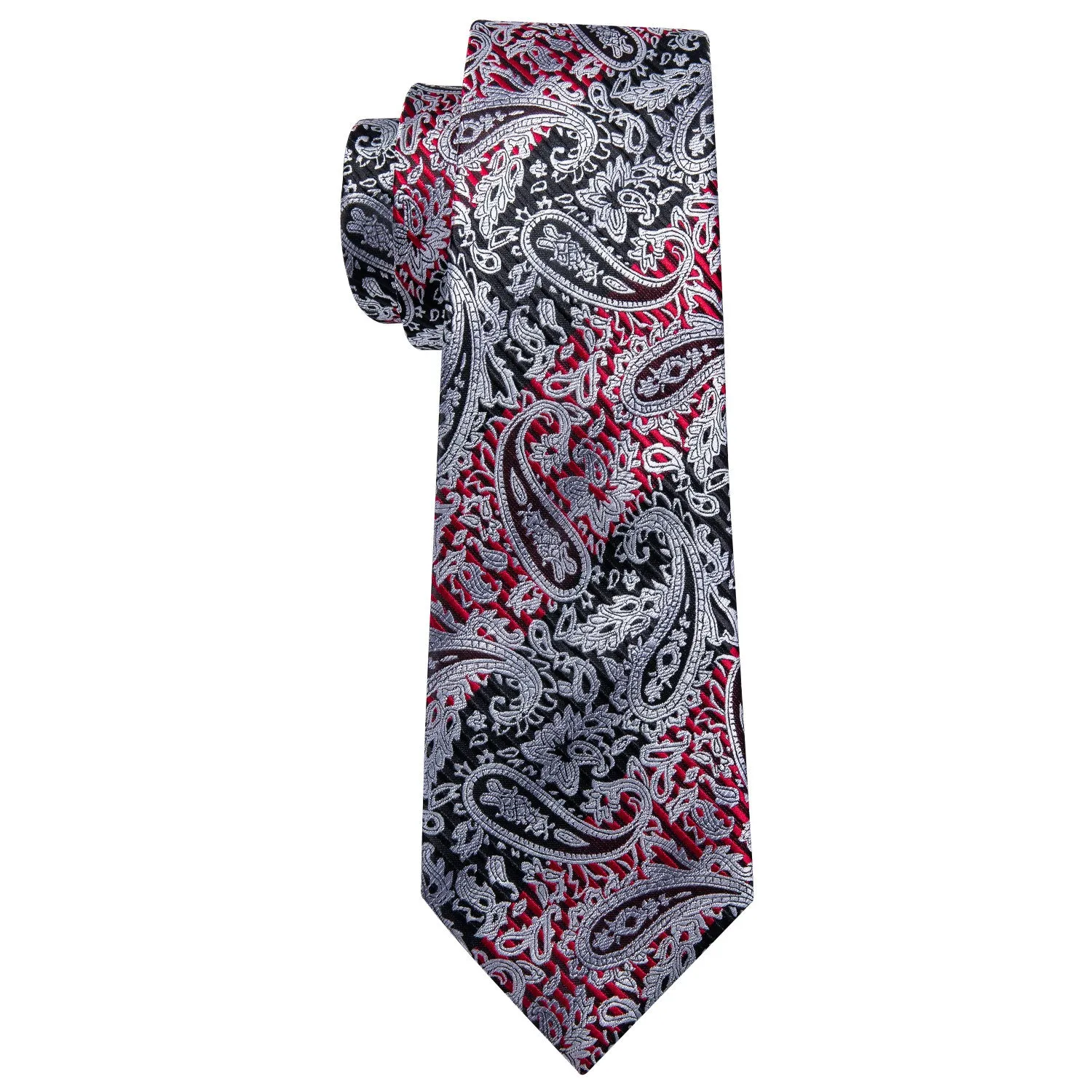 Hi-Tie Silver Black Paisley Silk Men's Tie Pocket Square Cufflinks Set